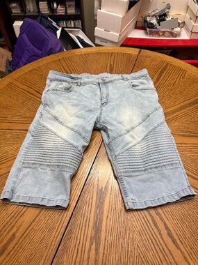 True Religion Light Blue Ribbed Knee Denim Shorts